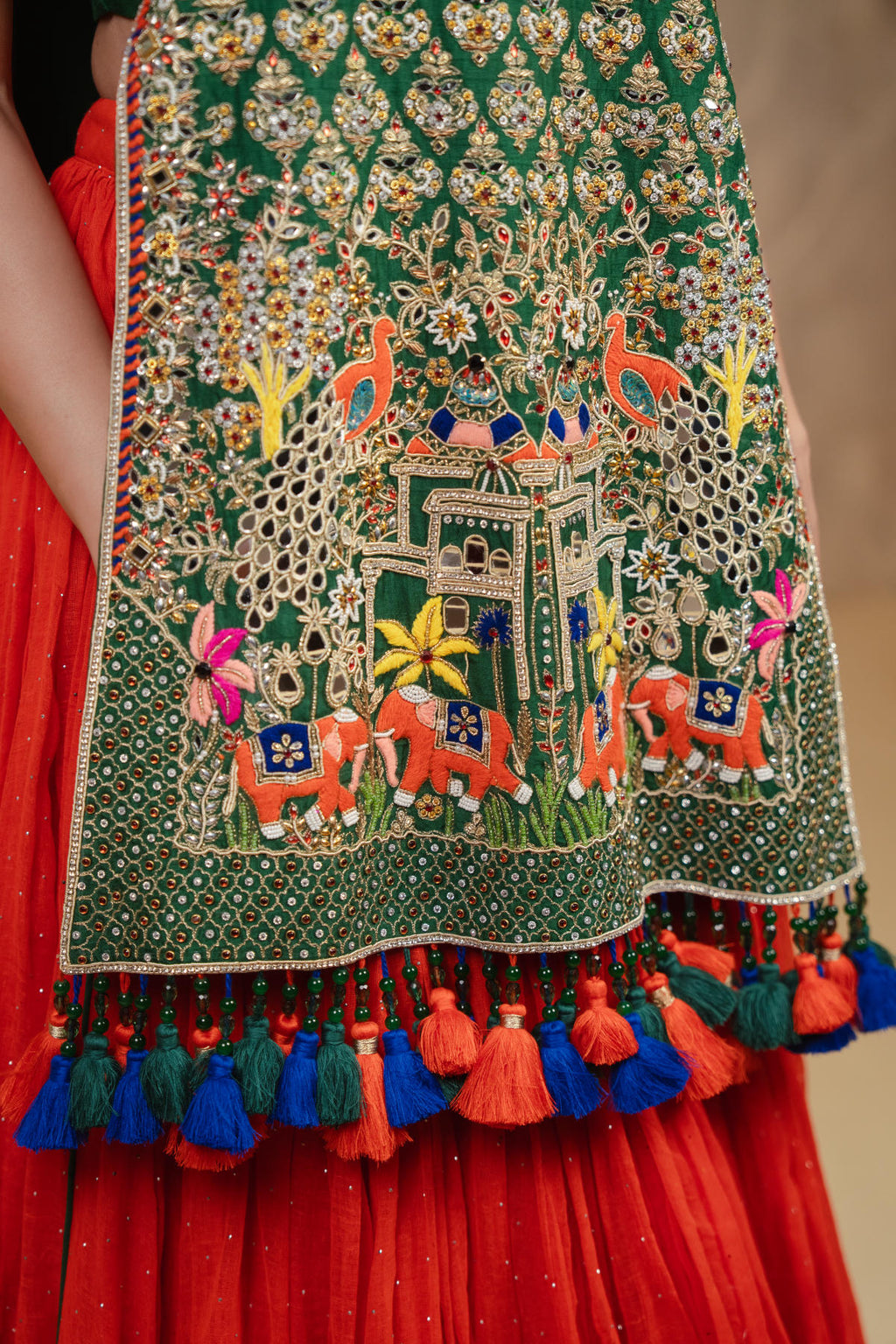 Sunset Orange & Emerald Green Lehenga Set