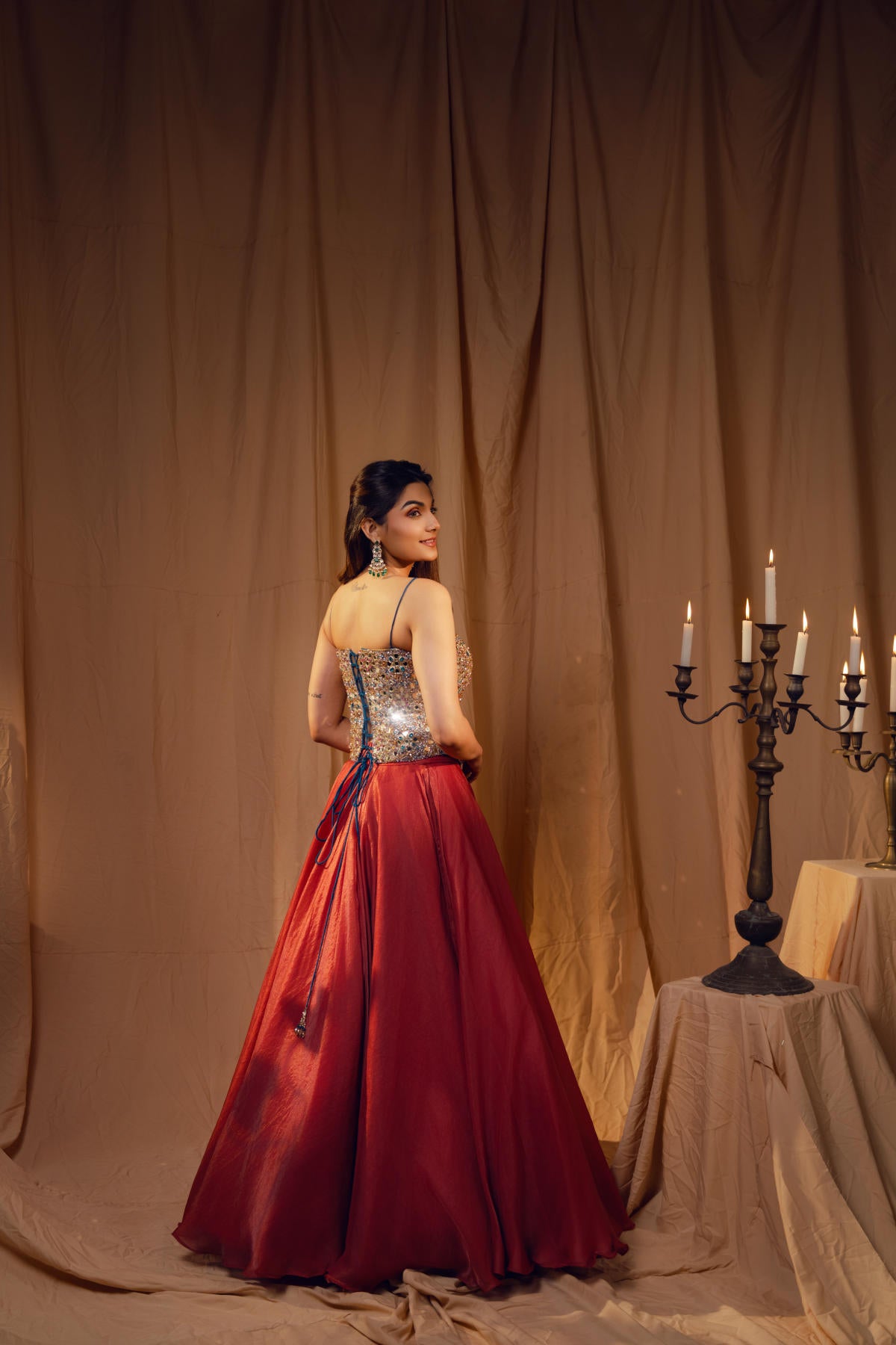 Midnight Blue & Coral Embroidered Lehenga Set