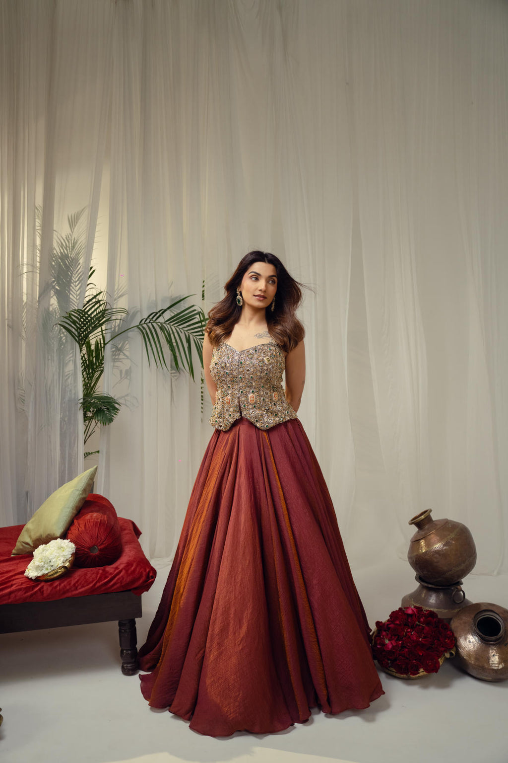 Bottle Green & Brown Statement Lehenga Set