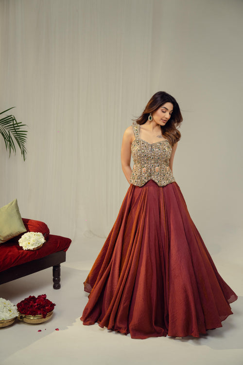 Bottle Green & Brown Statement Lehenga Set
