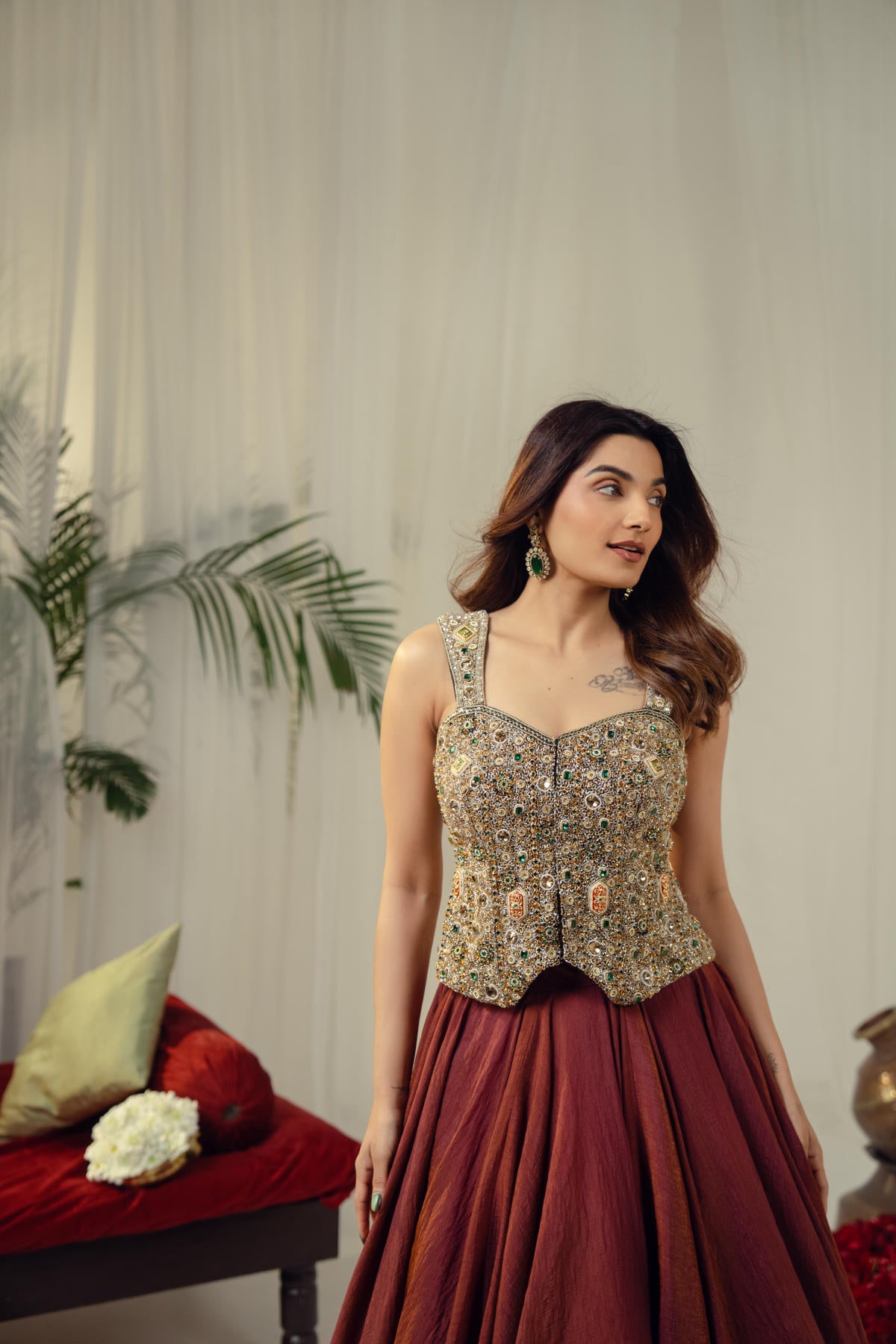 Bottle Green & Brown Statement Lehenga Set