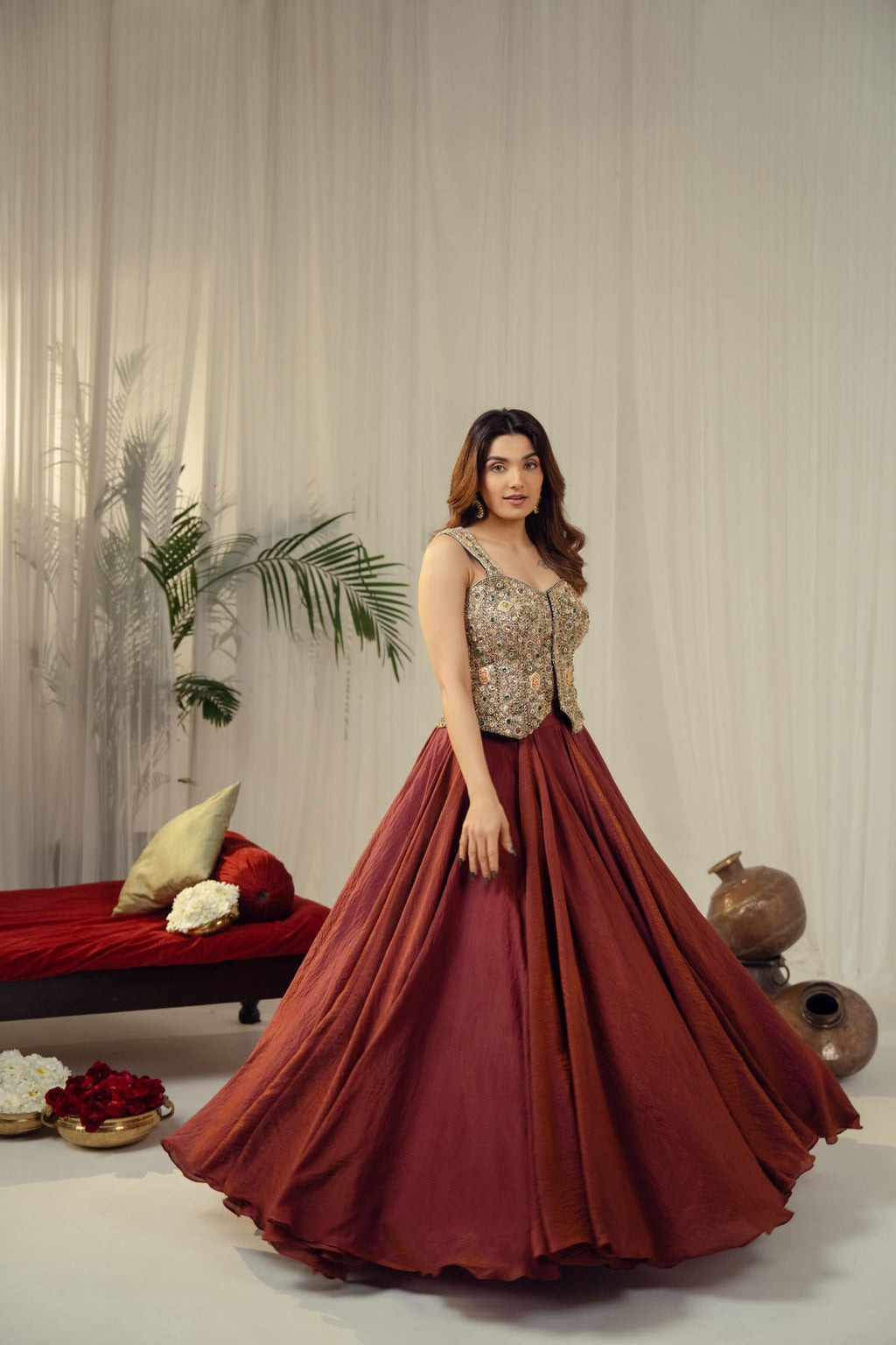 Bottle Green & Brown Statement Lehenga Set