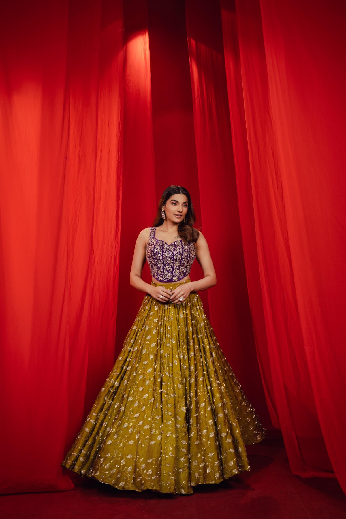Purple & Mehendi Green Contrast Lehenga Set
