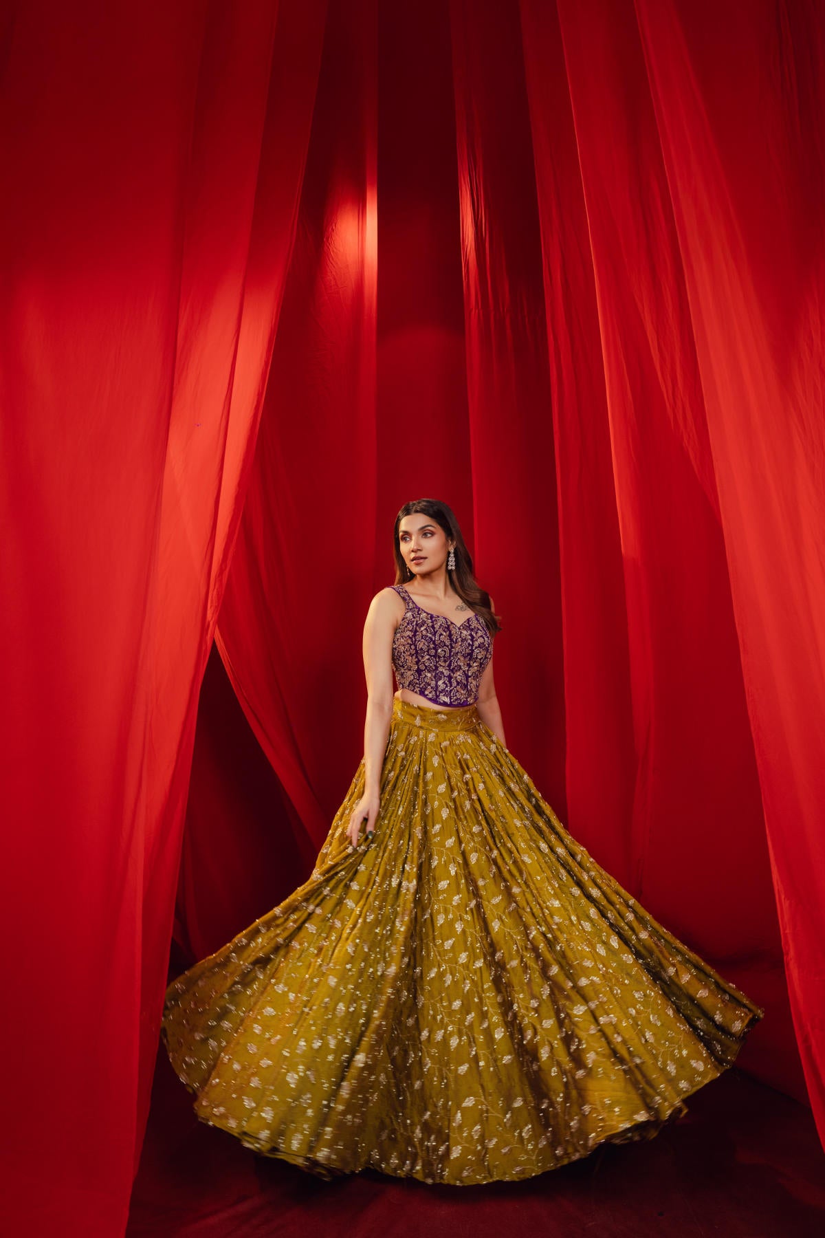 Purple & Mehendi Green Contrast Lehenga Set