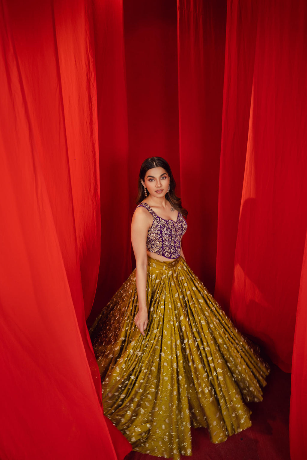 Purple & Mehendi Green Contrast Lehenga Set