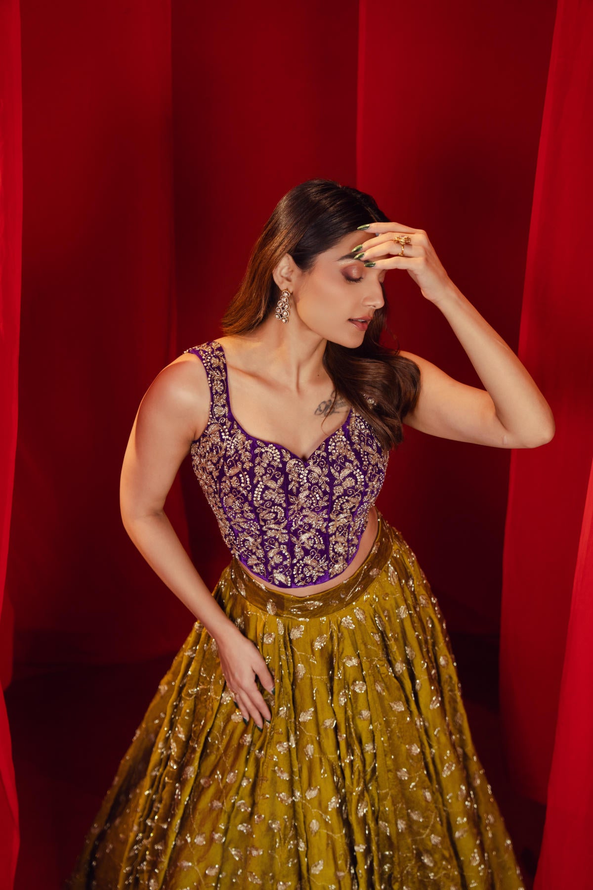 Purple & Mehendi Green Contrast Lehenga Set