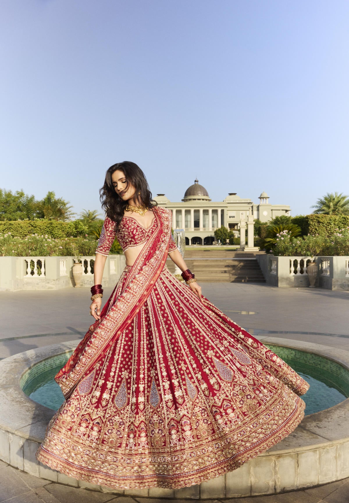 Maroon Red Dola Silk & Banarasi Tissue Zardosi Embroidered Lehenga Set
