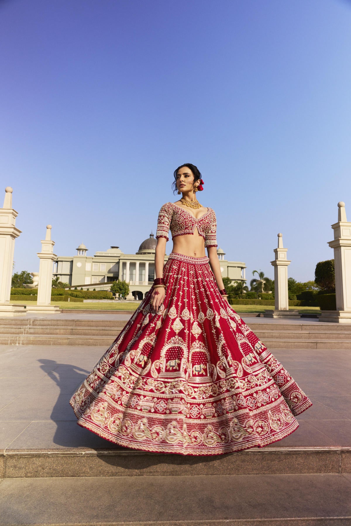 Crimson Red Dola Silk & Georgette Bandhani Cutdana Embroidered Lehenga Set