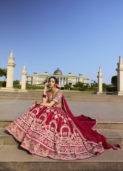 Crimson Red Dola Silk & Georgette Bandhani Cutdana Embroidered Lehenga Set