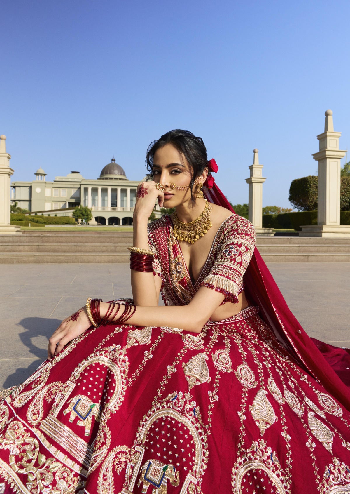 Crimson Red Dola Silk & Georgette Bandhani Cutdana Embroidered Lehenga Set
