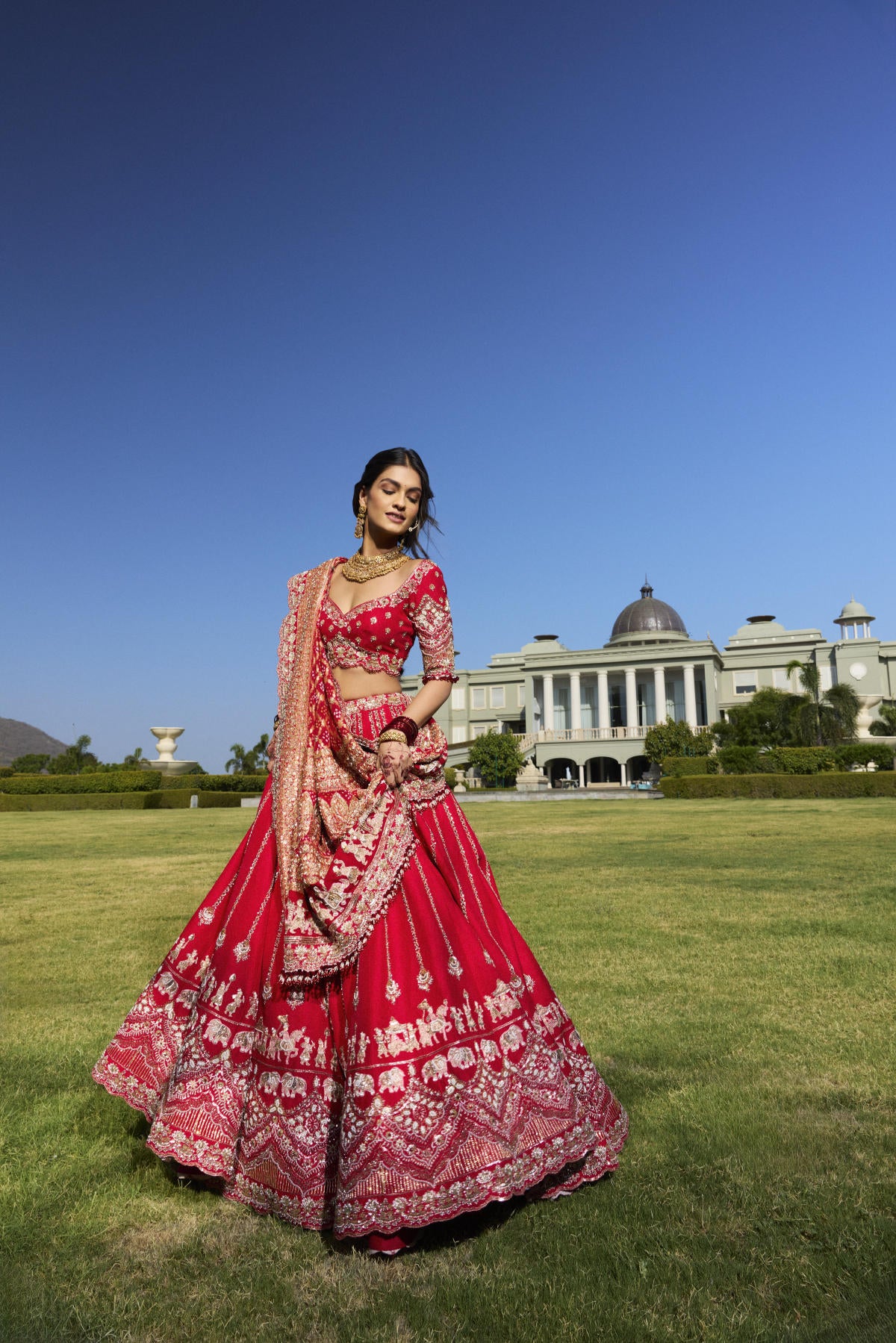 Red Silk Lehenga Set with Bandhani & Organza Dupatta