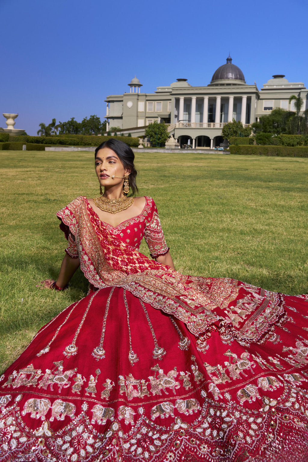 Red Silk Lehenga Set with Bandhani & Organza Dupatta