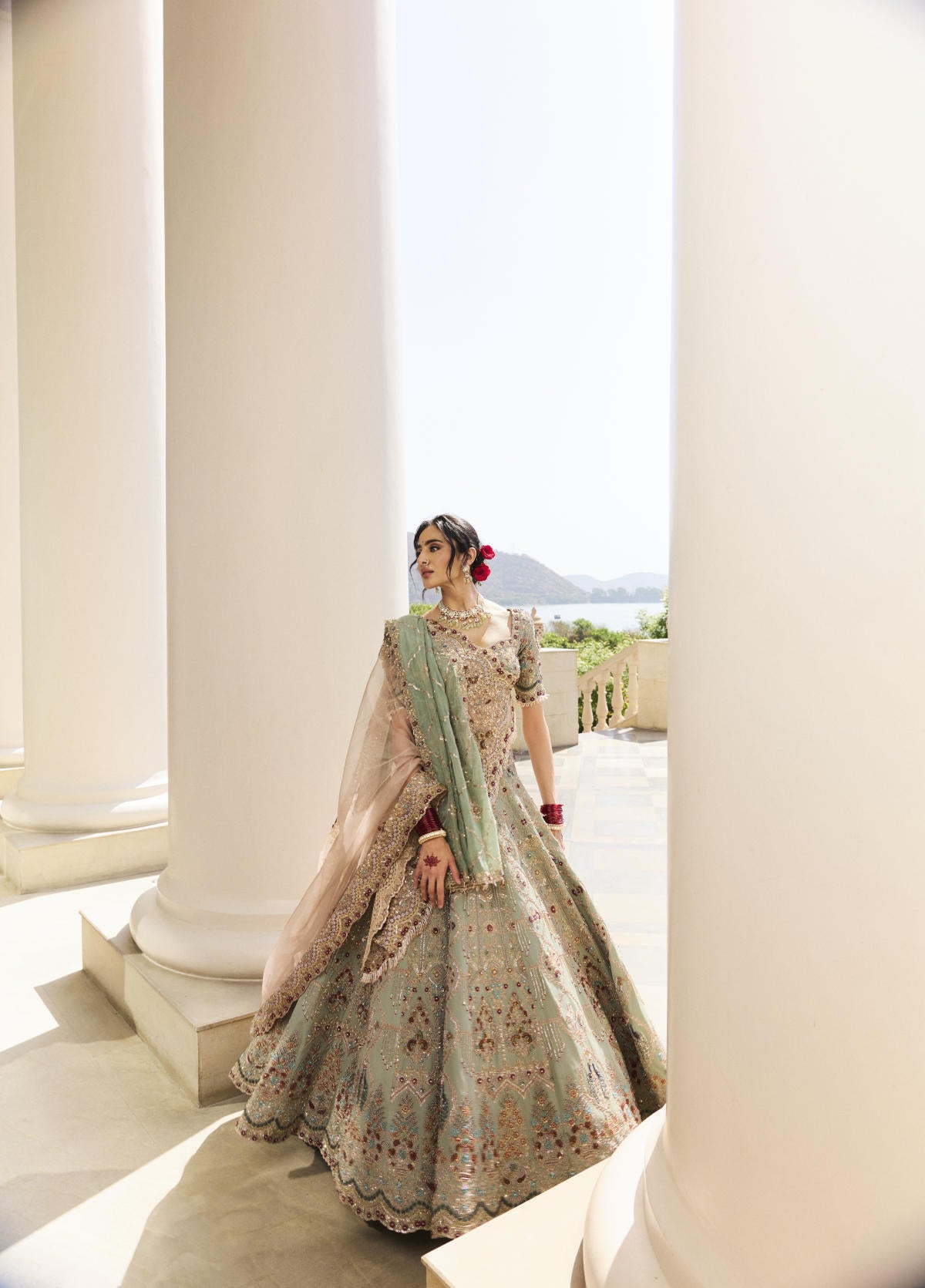 Sage Green Tissue & Georgette Chiffon Pearl Embroidered Lehenga Set