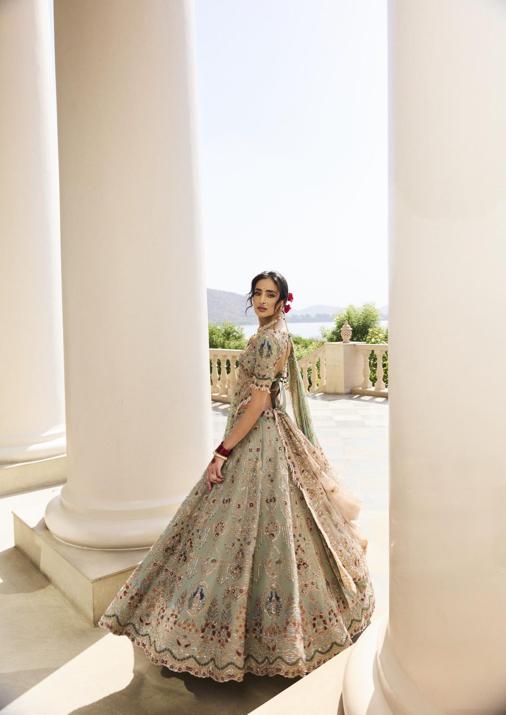 Sage Green Tissue & Georgette Chiffon Pearl Embroidered Lehenga Set