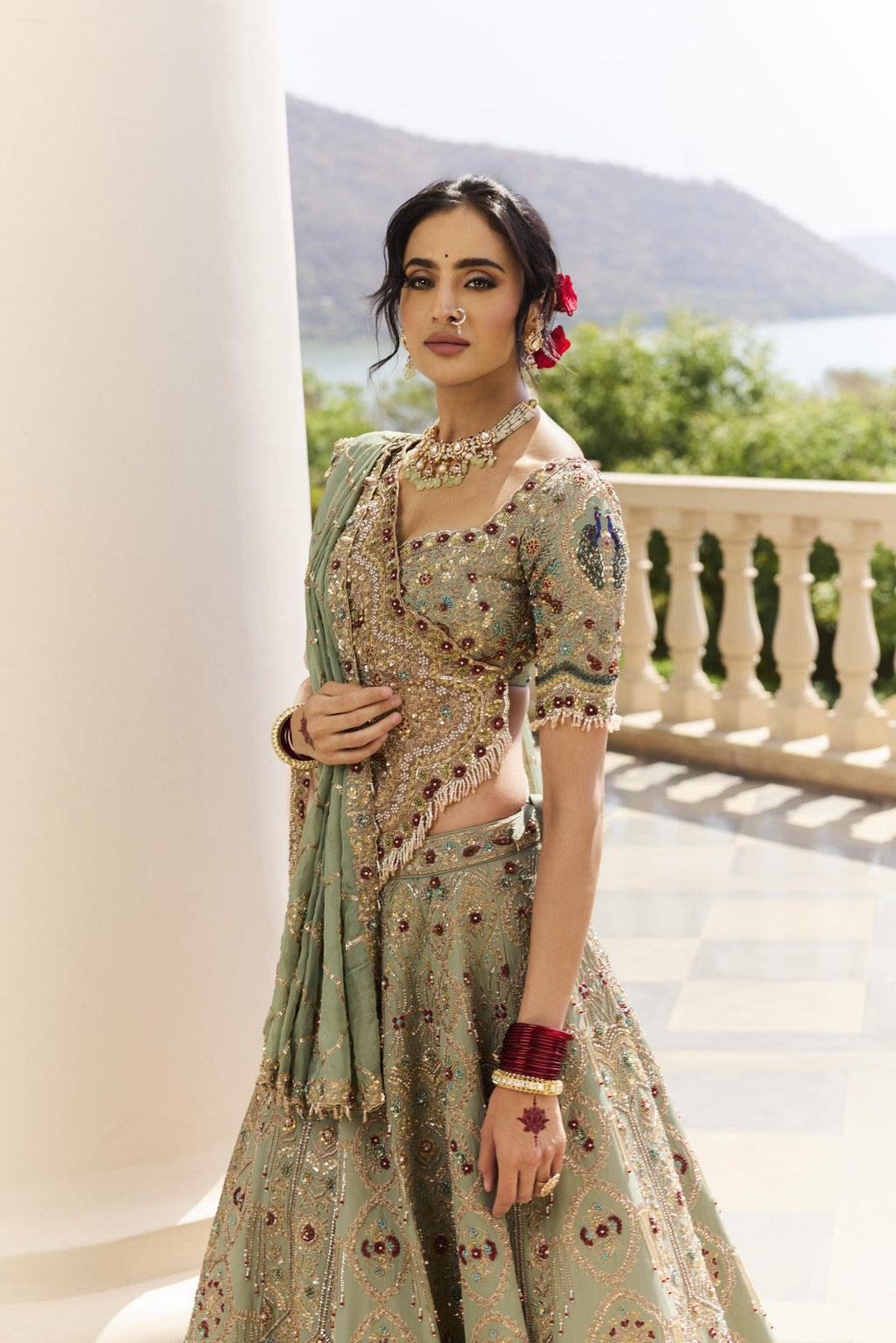 Sage Green Tissue & Georgette Chiffon Pearl Embroidered Lehenga Set