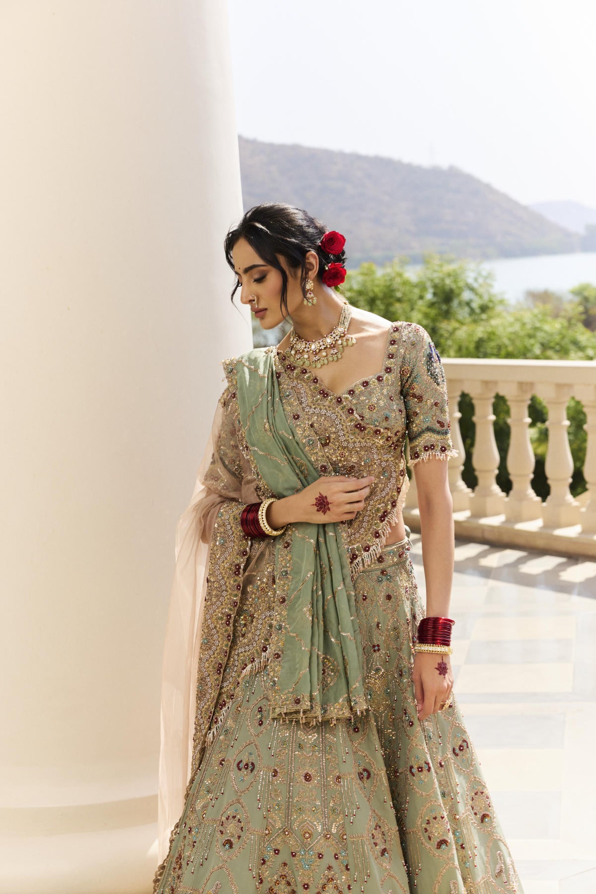 Sage Green Tissue & Georgette Chiffon Pearl Embroidered Lehenga Set