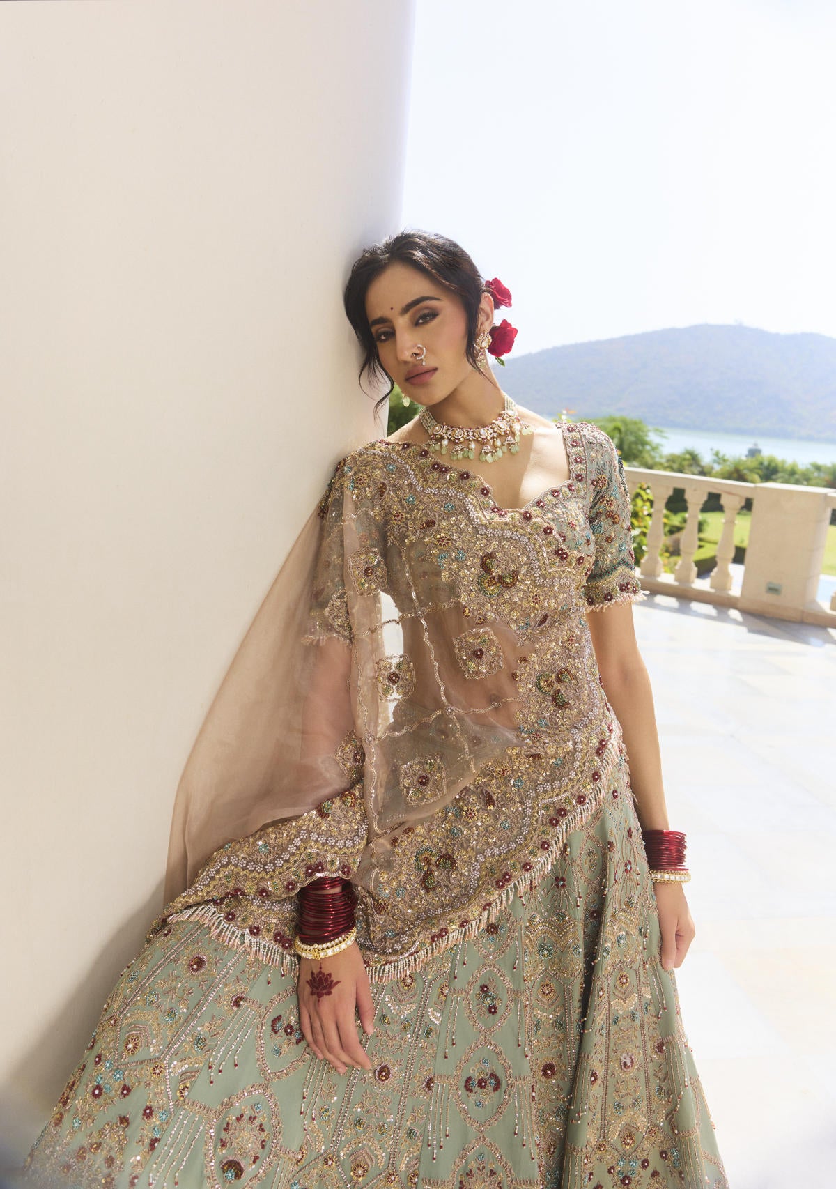 Sage Green Tissue & Georgette Chiffon Pearl Embroidered Lehenga Set