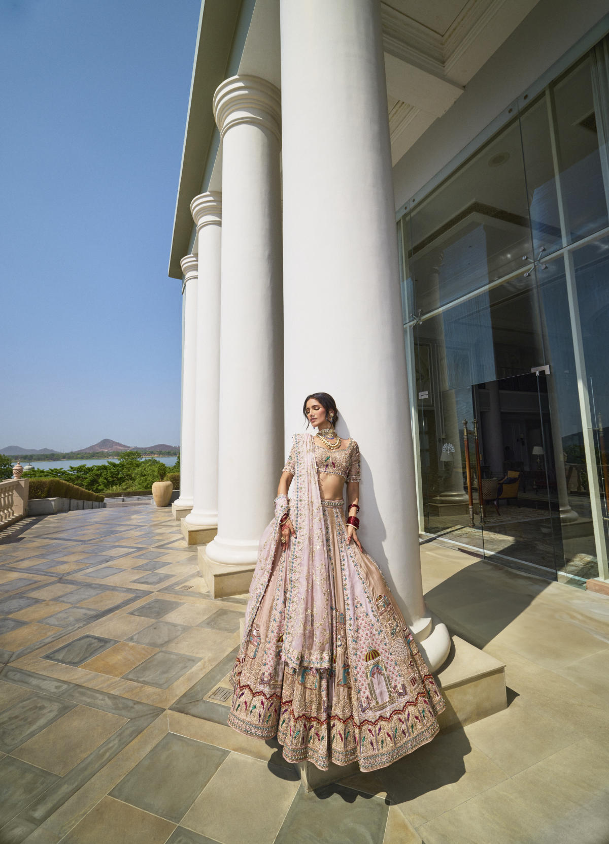 Onion Pink & Golden Tissue Pearl Embroidered Lehenga Set