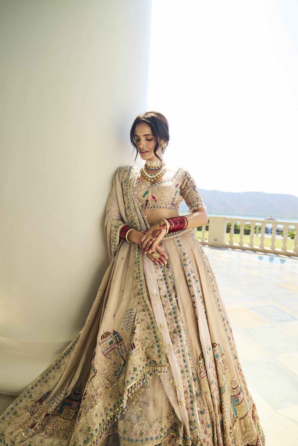 Onion Pink & Golden Tissue Pearl Embroidered Lehenga Set