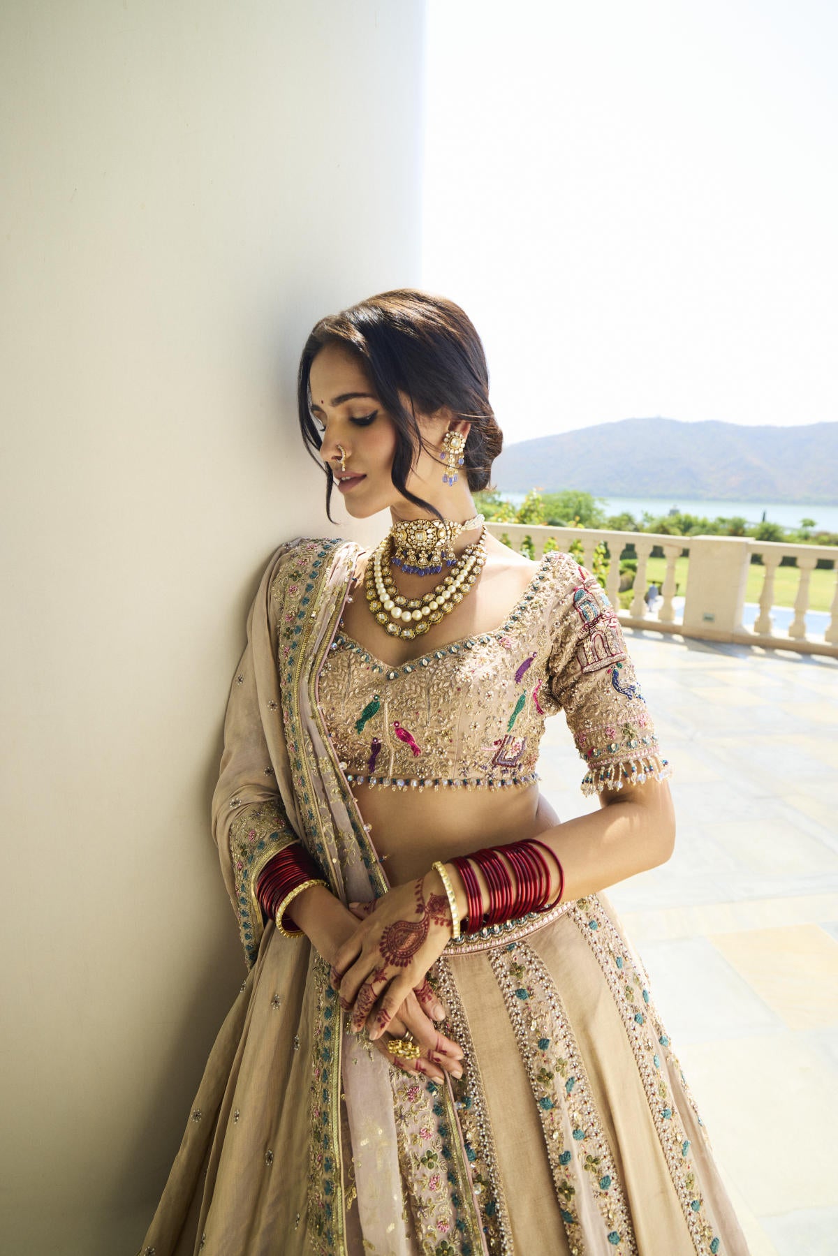 Onion Pink & Golden Tissue Pearl Embroidered Lehenga Set