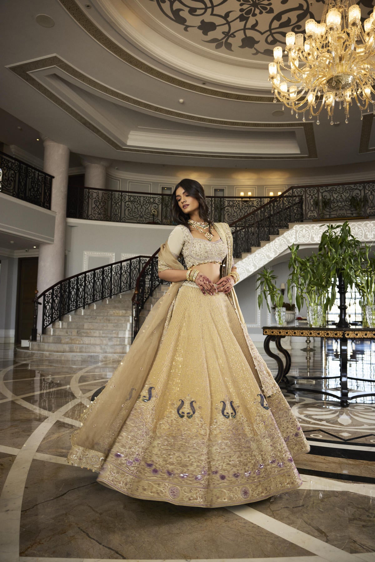 Golden Foil & Tissue Pearl Embroidered Lehenga Set