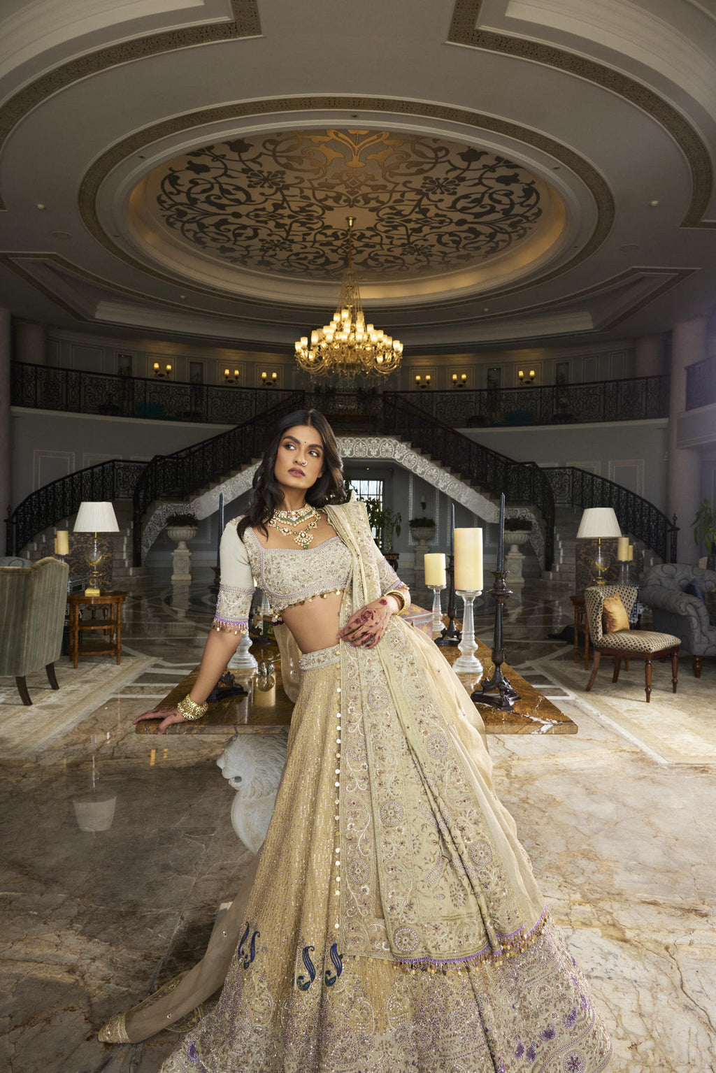 Golden Foil & Tissue Pearl Embroidered Lehenga Set
