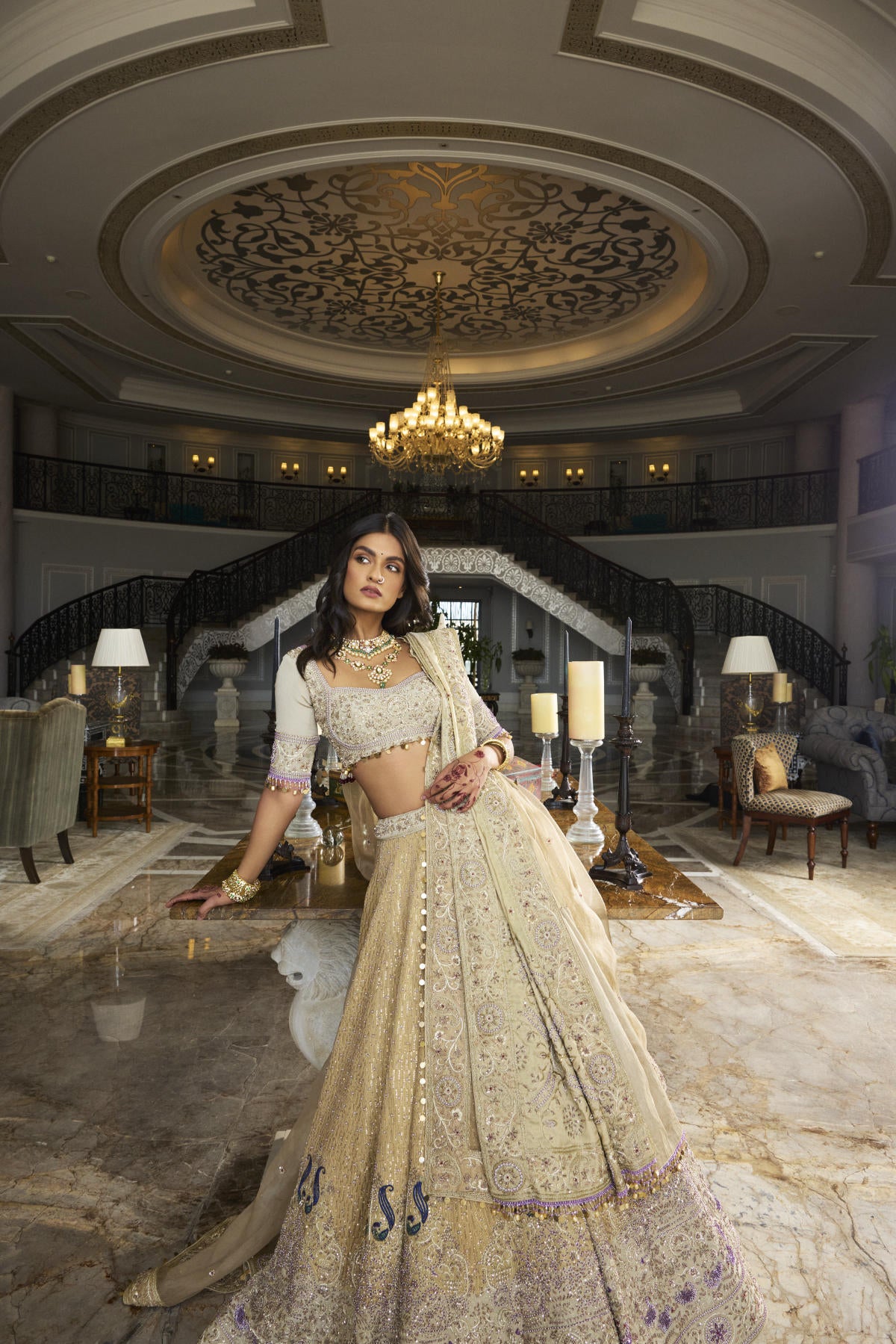 Golden Foil & Tissue Pearl Embroidered Lehenga Set