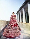 Maroon Red Italian Velvet Cutdana & Pearl Embroidered Lehenga Set