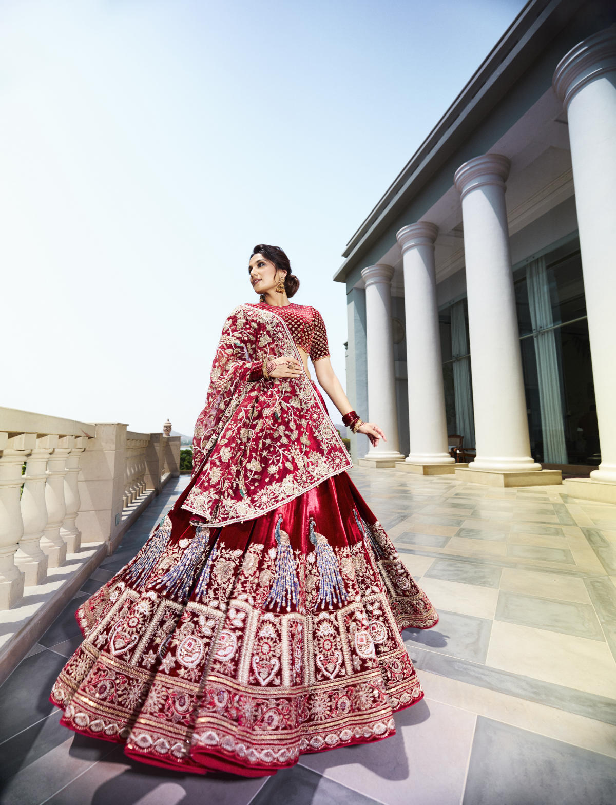 Maroon Red Italian Velvet Cutdana & Pearl Embroidered Lehenga Set