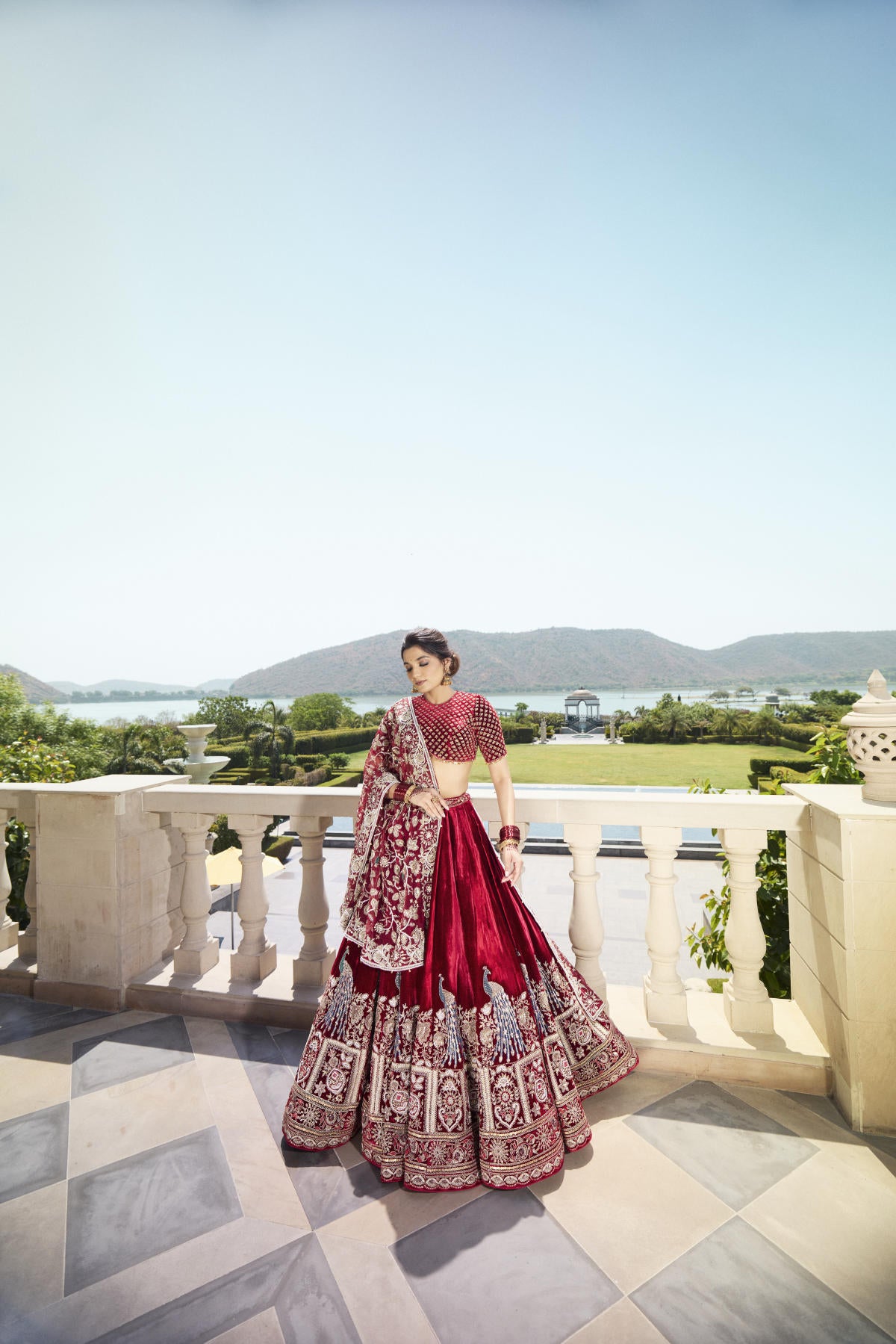 Maroon Red Italian Velvet Cutdana & Pearl Embroidered Lehenga Set