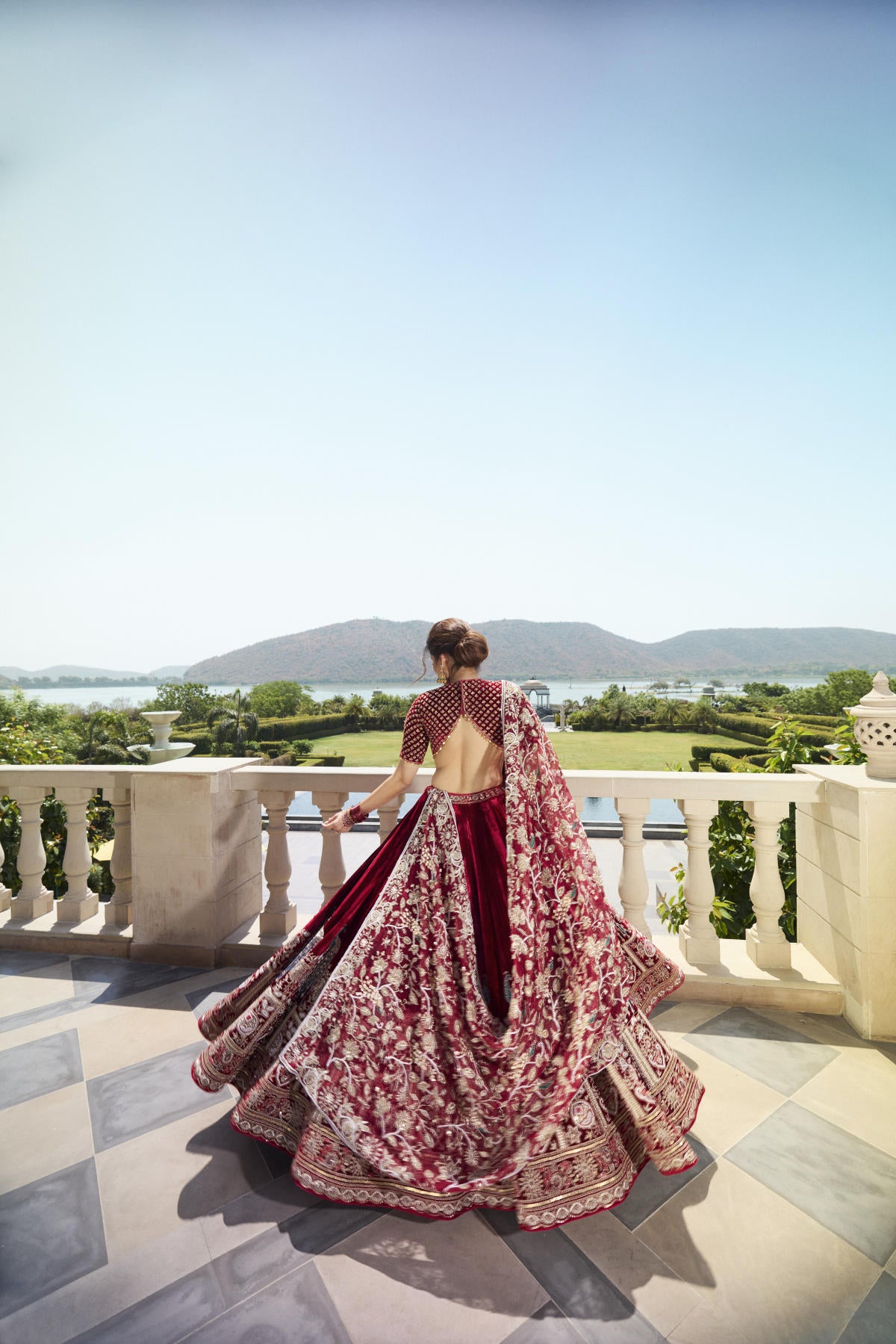 Maroon Red Italian Velvet Cutdana & Pearl Embroidered Lehenga Set