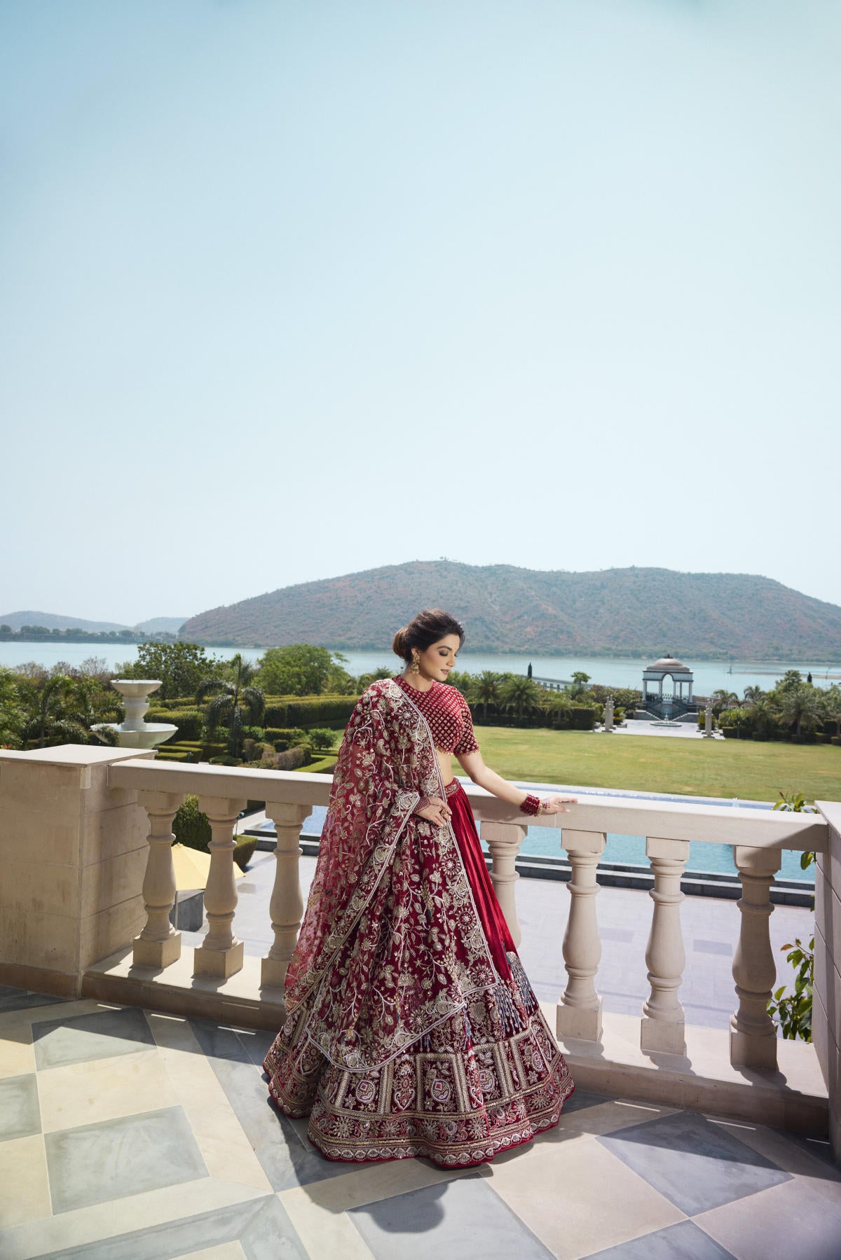 Maroon Red Italian Velvet Cutdana & Pearl Embroidered Lehenga Set