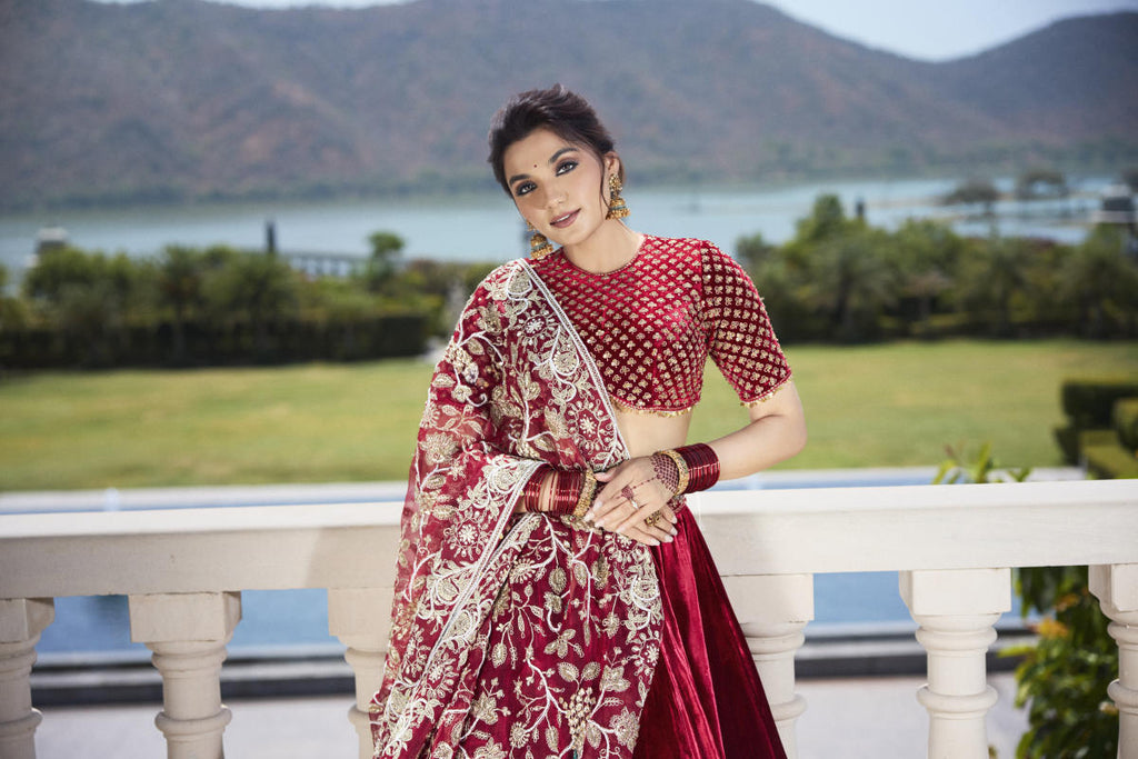 Maroon Red Italian Velvet Cutdana & Pearl Embroidered Lehenga Set