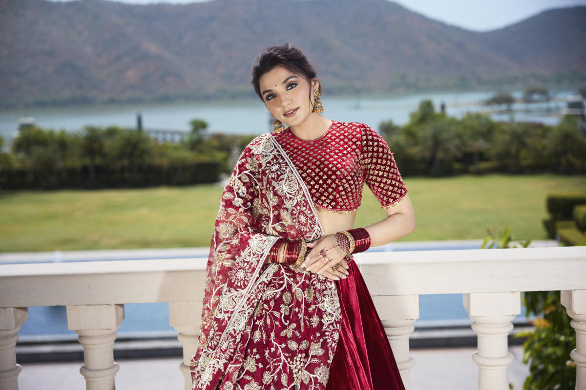 Maroon Red Italian Velvet Cutdana & Pearl Embroidered Lehenga Set