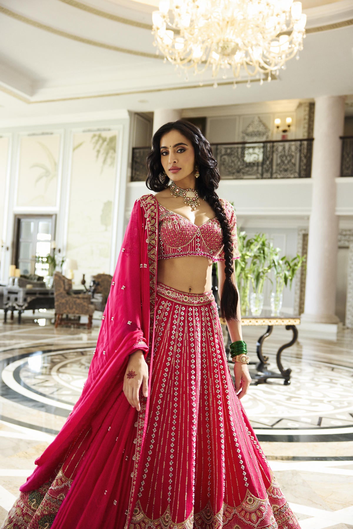 Rani Pink Dola Silk & Organza Floral Jaal Embroidered Lehenga Set