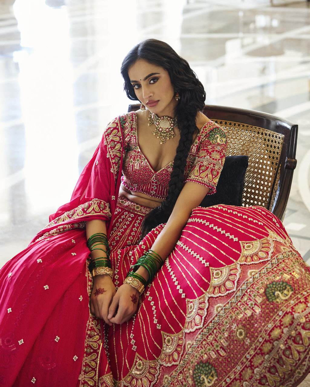 Rani Pink Dola Silk & Organza Floral Jaal Embroidered Lehenga Set