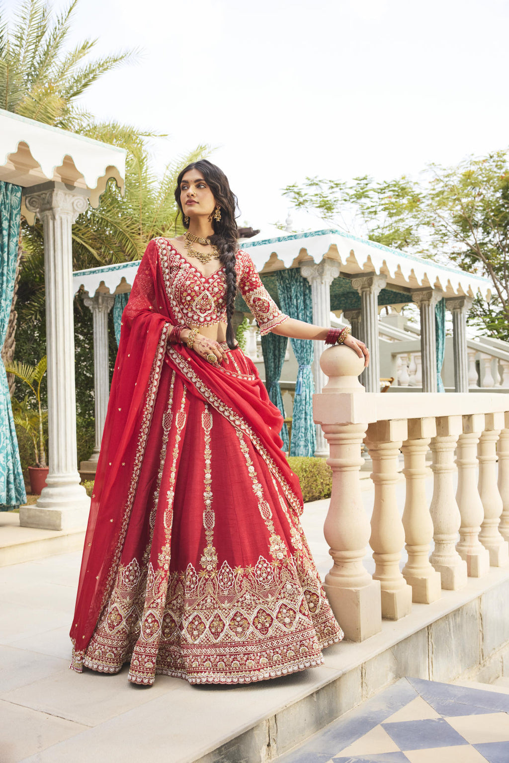 Cherry Red Dola Silk & Organza Cutdana Embroidered Lehenga Set