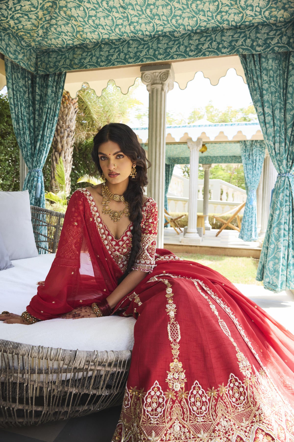 Cherry Red Dola Silk & Organza Cutdana Embroidered Lehenga Set