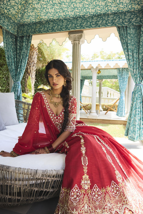 Cherry Red Dola Silk & Organza Cutdana Embroidered Lehenga Set