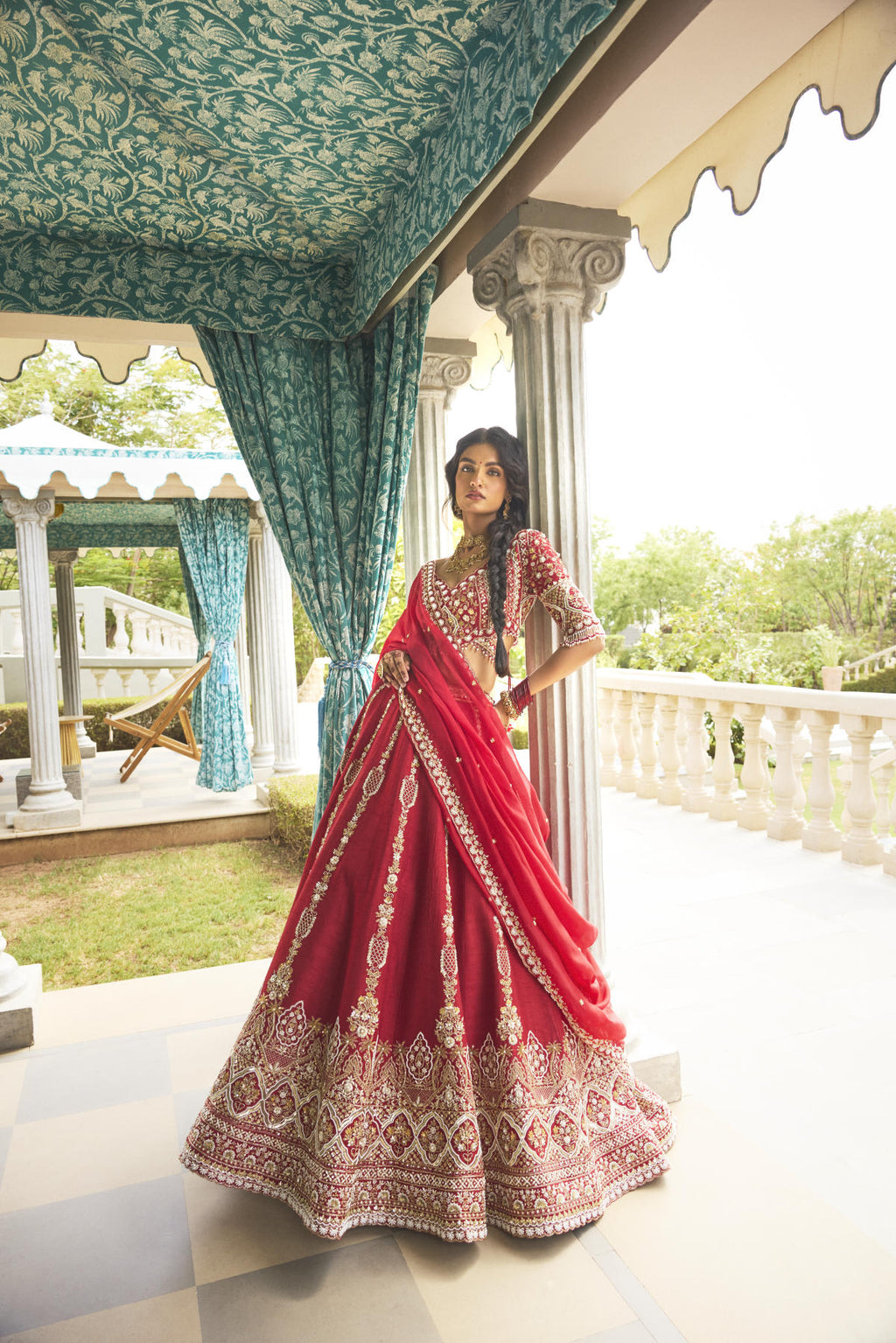 Cherry Red Dola Silk & Organza Cutdana Embroidered Lehenga Set