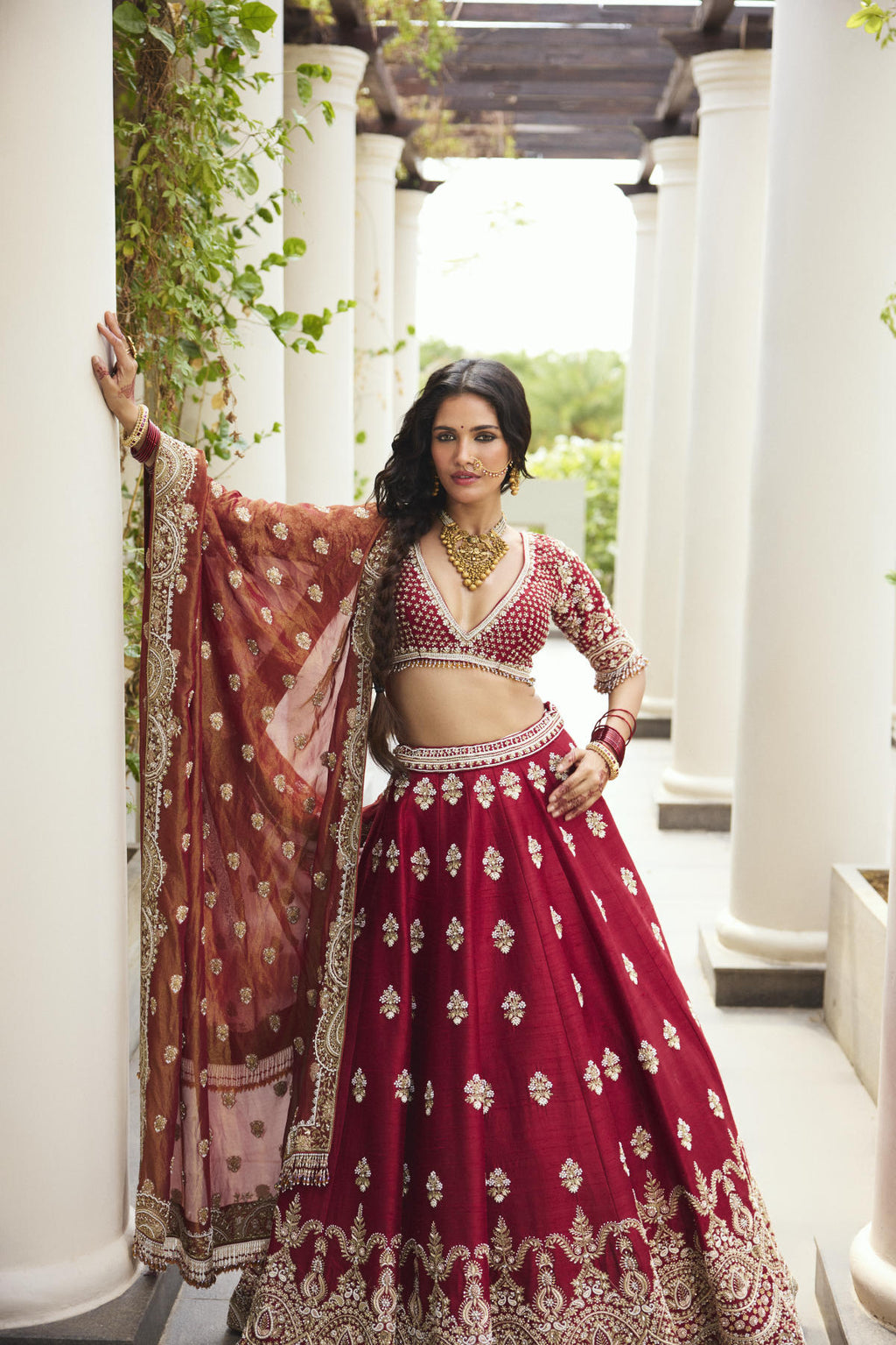Red Raw Silk Lehenga Set with Tissue Banarasi & Organza Dupatt