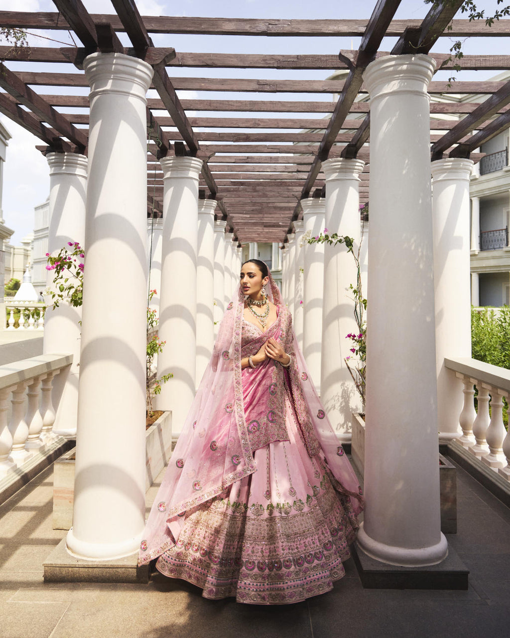 Flamingo Pink Tissue & Organza Resham Work Lehenga Set