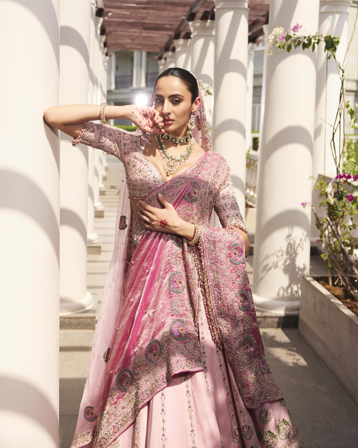 Flamingo Pink Tissue & Organza Resham Work Lehenga Set