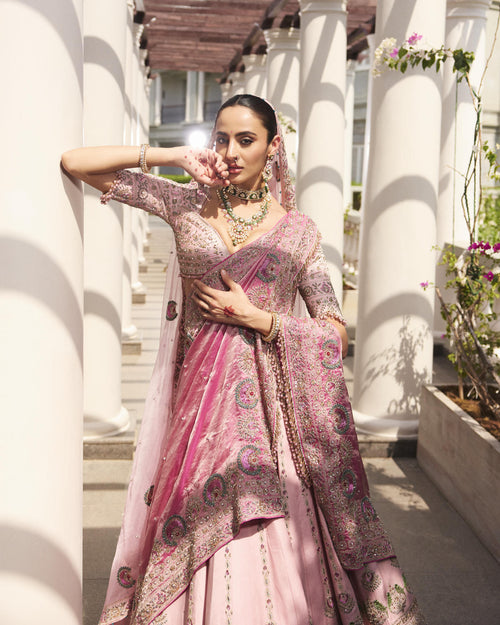 Flamingo Pink Tissue & Organza Resham Work Lehenga Set