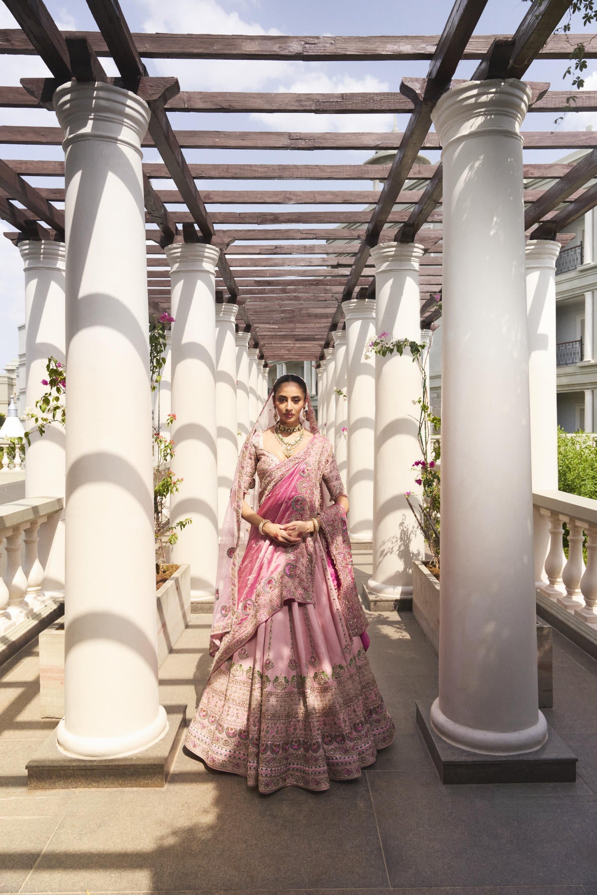 Flamingo Pink Tissue & Organza Resham Work Lehenga Set