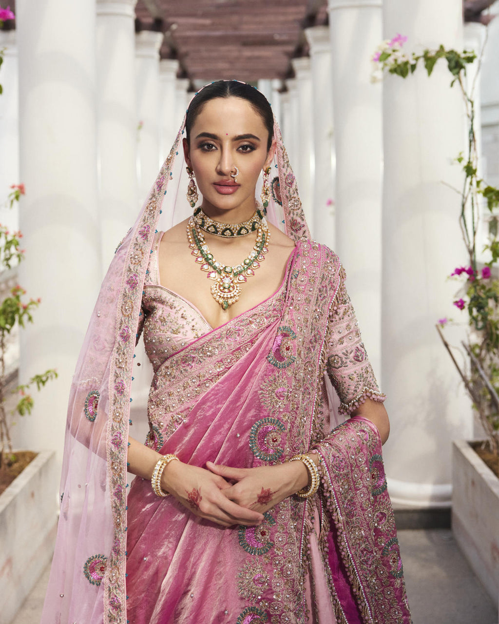 Flamingo Pink Tissue & Organza Resham Work Lehenga Set