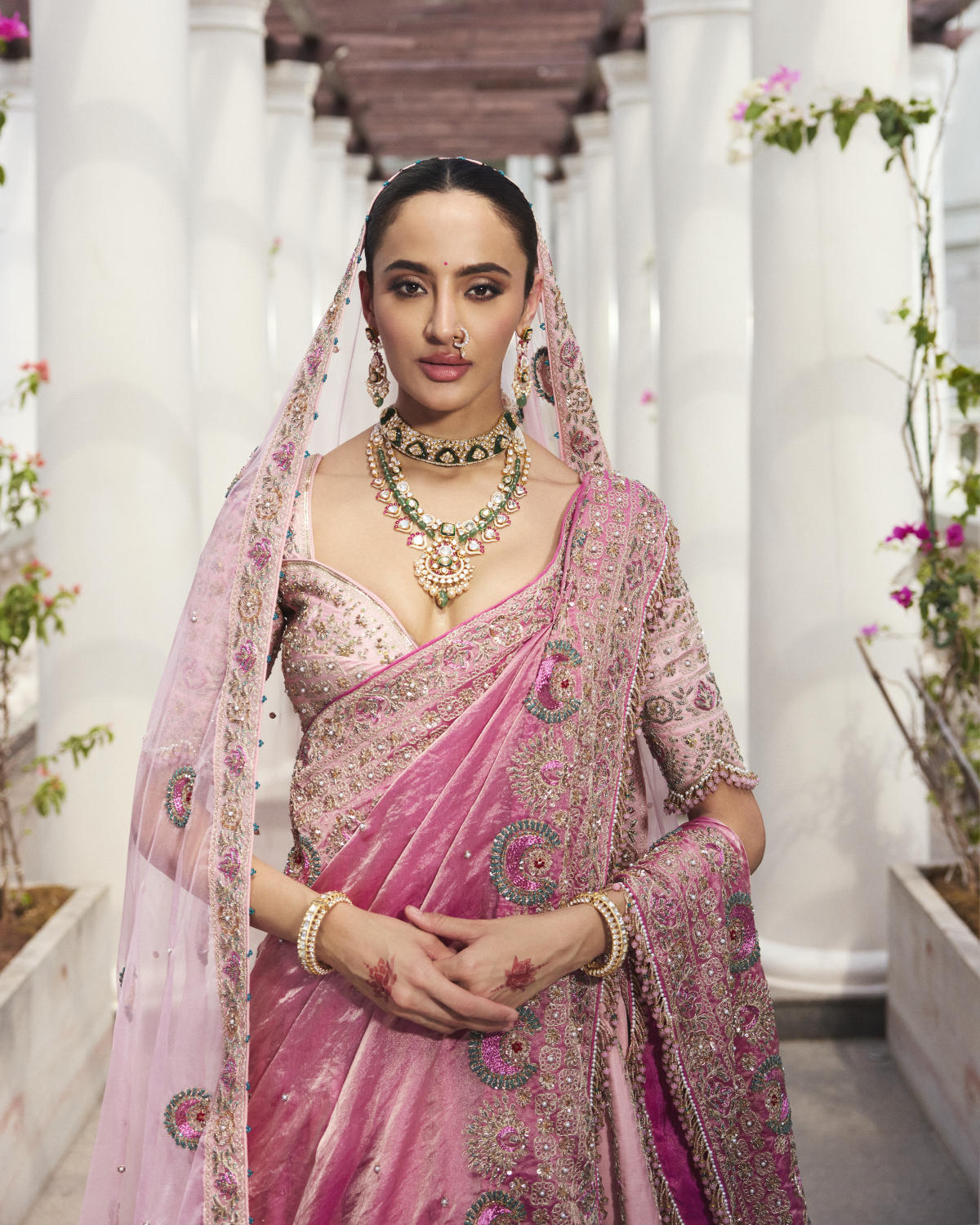 Flamingo Pink Tissue & Organza Resham Work Lehenga Set