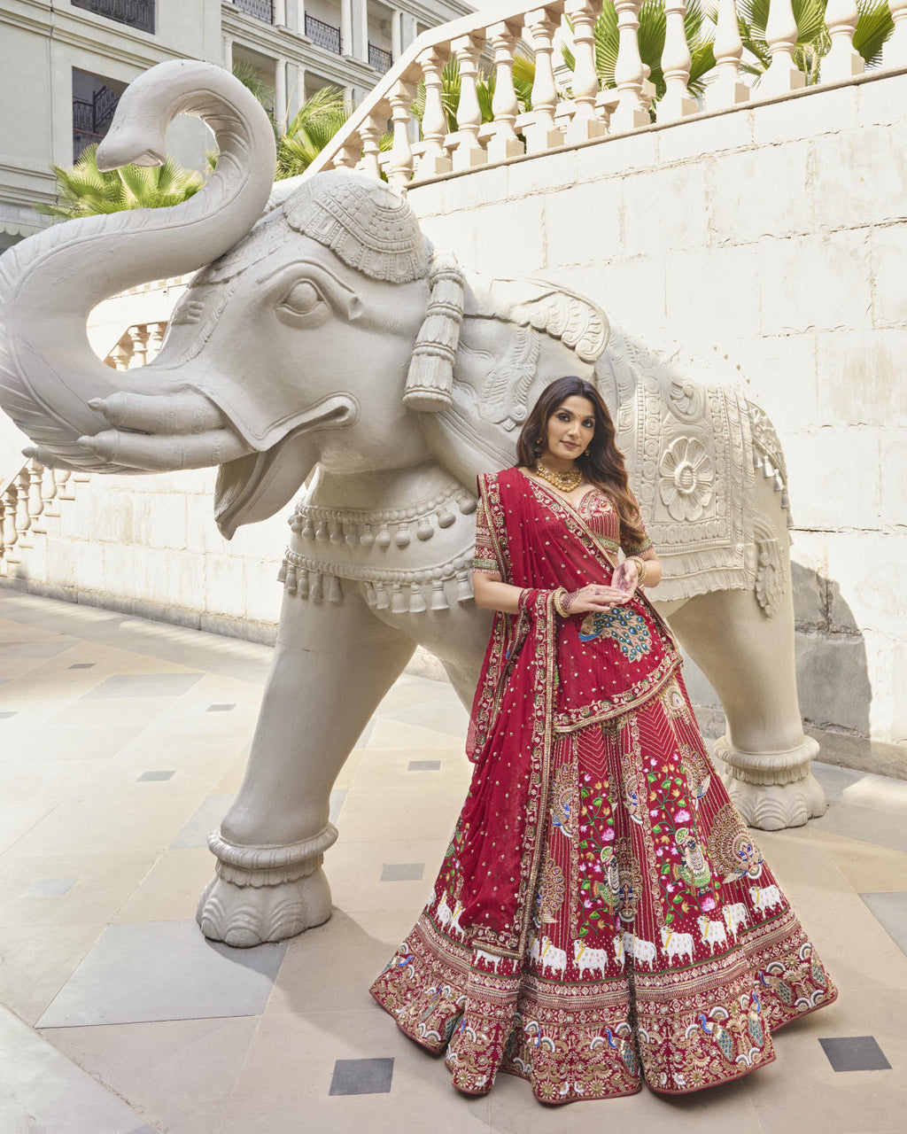 Red Dola Silk & Organza Cutdana Embroidered Lehenga Set