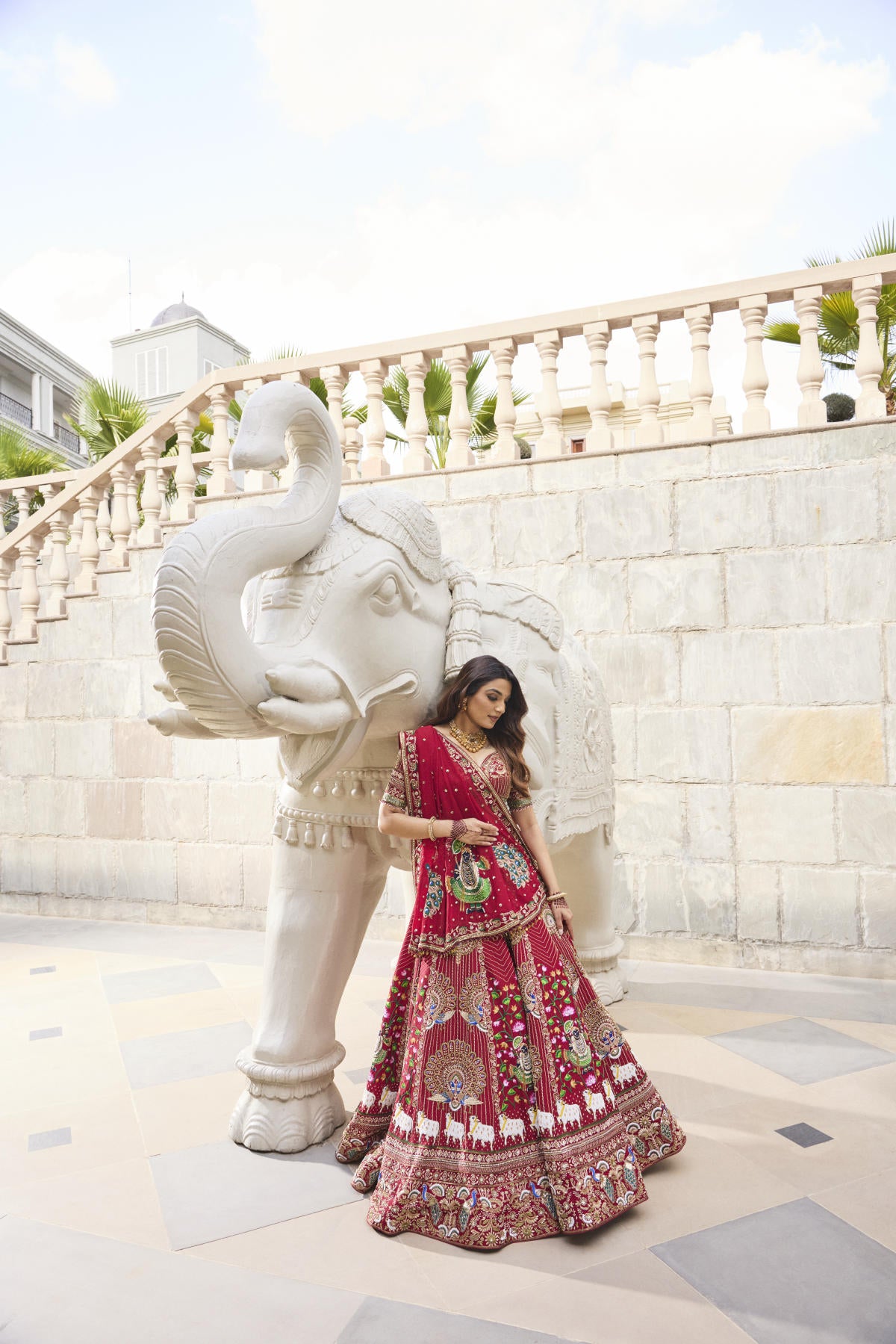 Red Dola Silk & Organza Cutdana Embroidered Lehenga Set