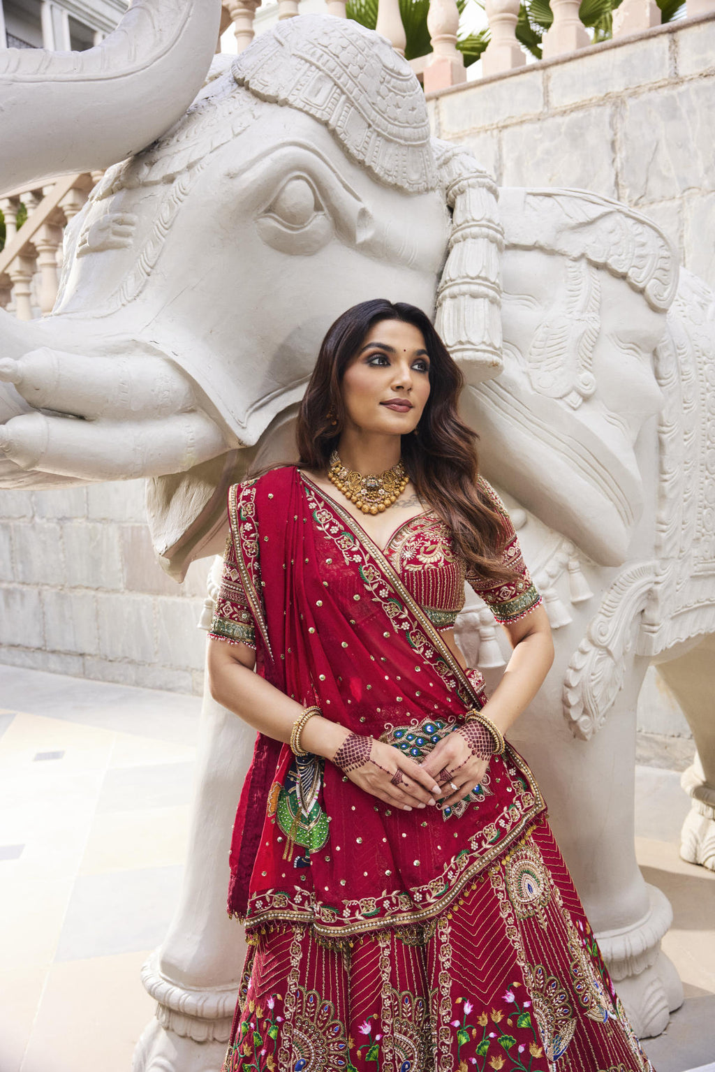 Red Dola Silk & Organza Cutdana Embroidered Lehenga Set
